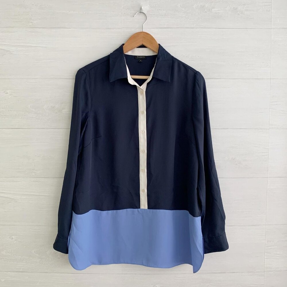 Talbots - Navy Blue Partial Button Tunic Roll Tab… - image 1